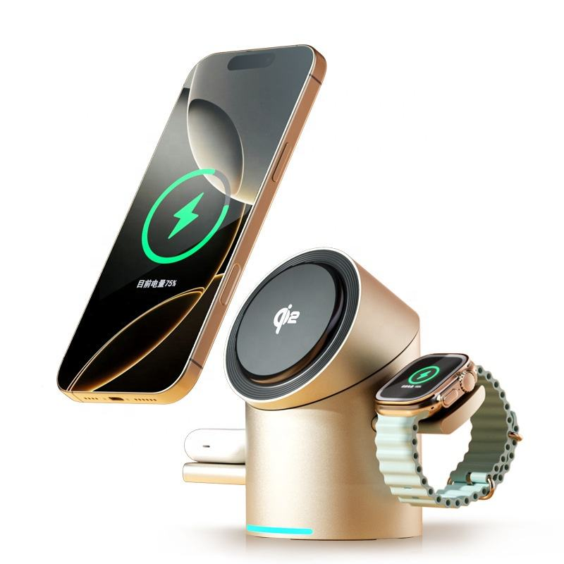 Fast Shipping Aluminum Wireless Phone Charger High Quality Automatic Touch Rotation QI23 in 1 Magnetic Folding Wireless Charger - Image 2