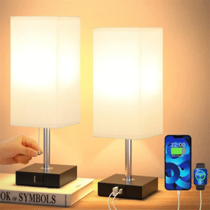 USB Bedside Table Lamp Modern Table Bedside Lamp With 2 Useful USB Quick Charging Port 2 AC Square Fabric Shade & Bed