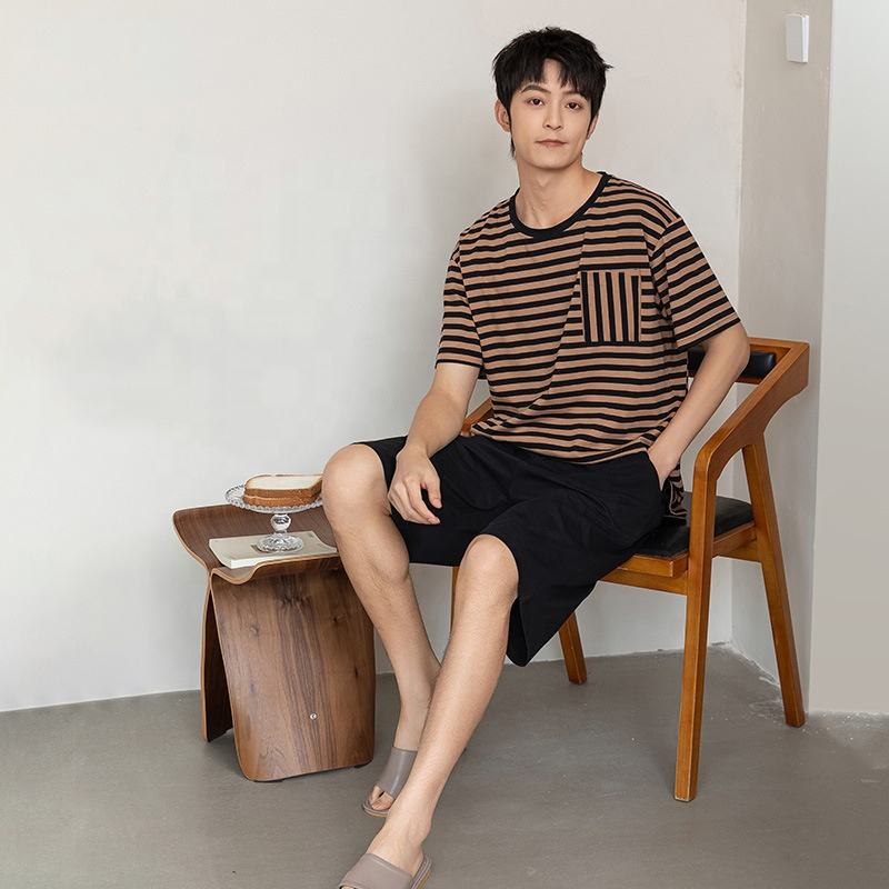 100% cotton pajama summer mens sleepwear striped short-sleeved round-neck home wear for men in stock wholesale - Image 3